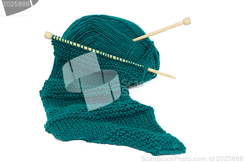 Image of Scarf on knitting needles with a ball of wool 