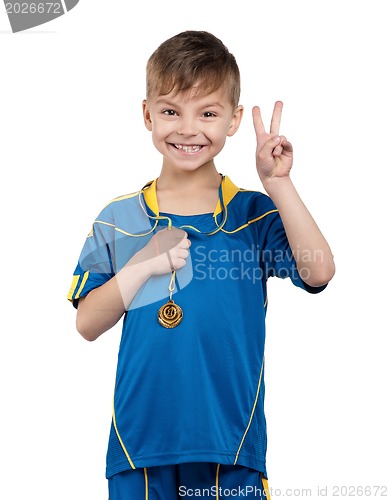 Image of Boy in ukrainian national soccer uniform