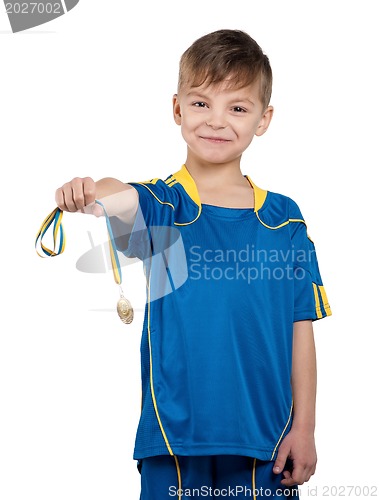 Image of Boy in ukrainian national soccer uniform