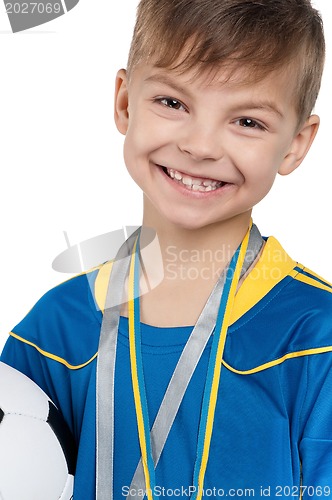 Image of Boy in ukrainian national soccer uniform