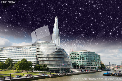 Image of Stars over London city hall with Thames river, panoramic view fr