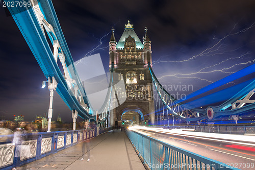 Image of Tower Bridge at Night with car light trails - London