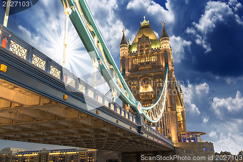 Image of Famous Tower Bridge at sunset with clouds, seen from Tower of Lo