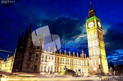 Image of Big Ben and House of Parliament at dusk from Westminster Bridge 