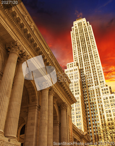 Image of New York City Manhattan sunset skyline with office building skys
