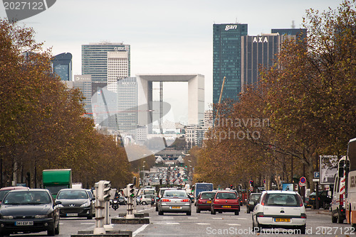 Image of PARIS - SEP 22: La Grande Arche in Paris at sunset with car traf