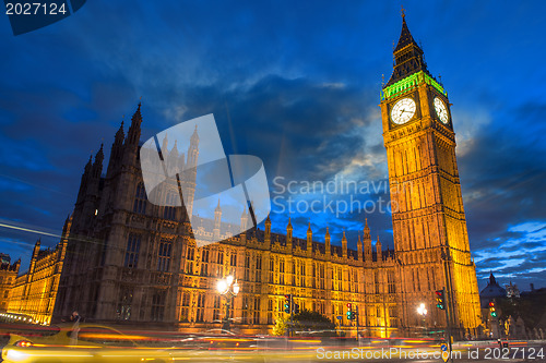 Image of Big Ben and House of Parliament at dusk from Westminster Bridge 