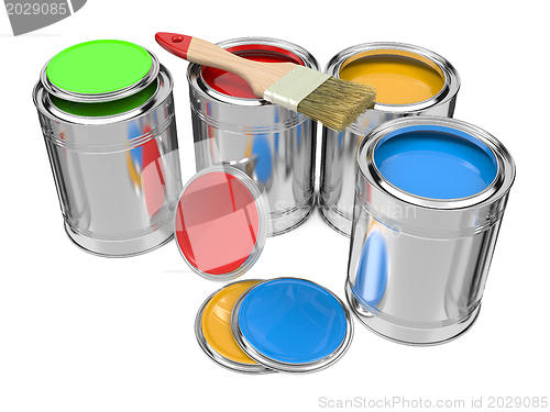 Image of Group of Colorful Paint Cans with Paintbrush.