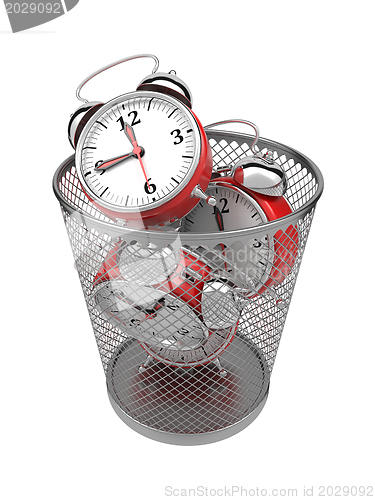 Image of Wasting Time Concept: Clocks in Trash Bin.