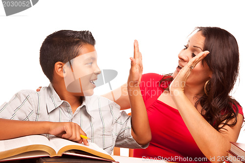 Image of Attractive Hispanic Mother and Son Studying
