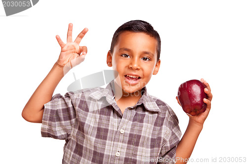 Image of Adorable Hispanic Boy with Apple and Okay Hand Sign