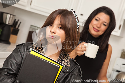 Image of Pretty Hispanic Girl Ready for School with Mom