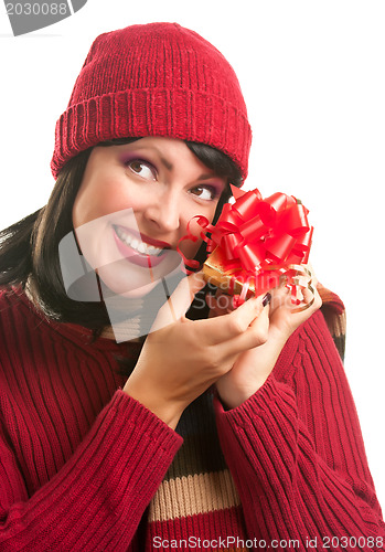 Image of Happy Attractive Woman Holding Holiday Gift