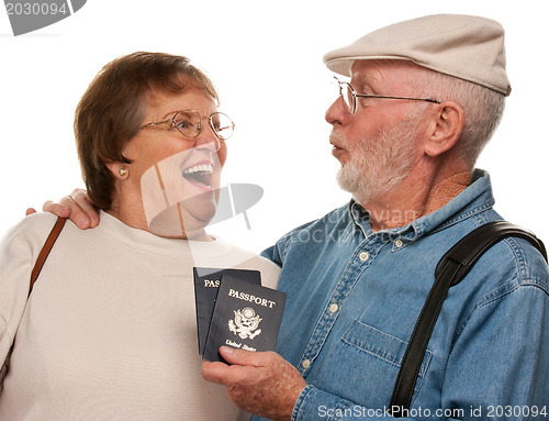 Image of Happy Senior Couple with Passports and Bags on White