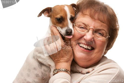 Image of Happy Attractive Senior Woman with Puppy on White