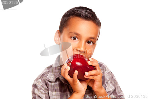 Image of Adorable Hispanic Boy Eating a Large Red Apple