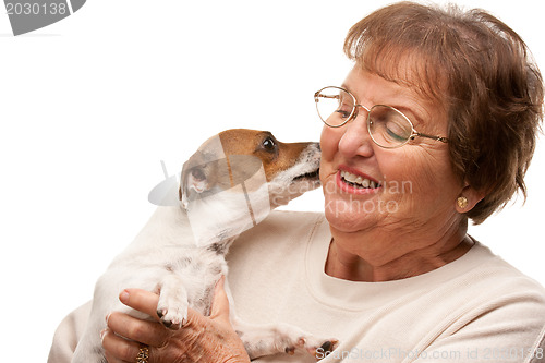 Image of Happy Attractive Senior Woman with Puppy on White