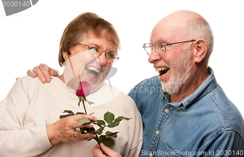 Image of Happy Senior Husband Giving Red Rose to Wife