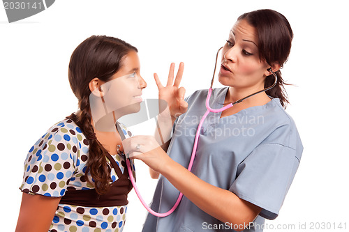 Image of Pretty Hispanic Girl and Female Doctor Isolated