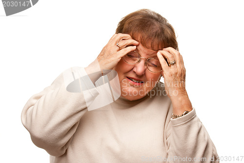 Image of Senior Woman with Aching Head on White