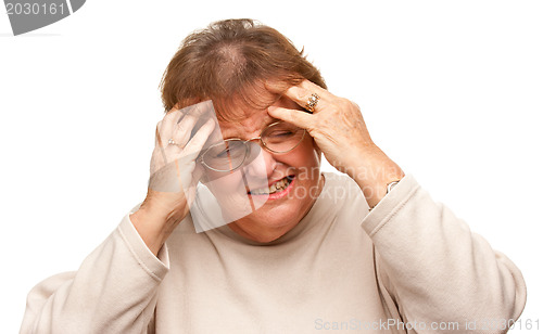 Image of Senior Woman with Aching Head on White