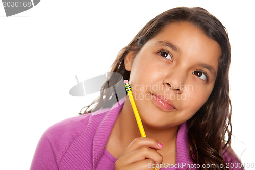 Image of Pretty Hispanic Girl Thinking with Pencil