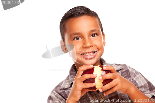 Image of Adorable Hispanic Boy Eating a Large Red Apple
