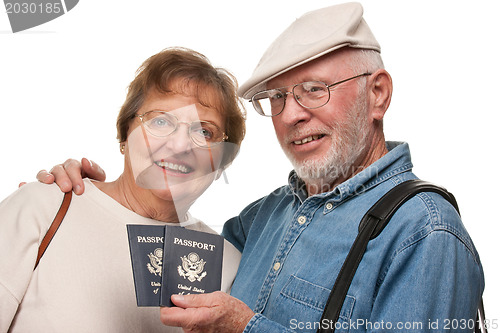 Image of Happy Senior Couple with Passports and Bags on White
