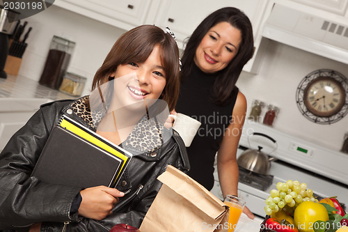 Image of Pretty Hispanic Girl Ready for School with Mom