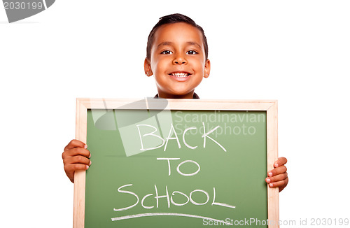 Image of Cute Hispanic Boy Holding Chalkboard with Back to School