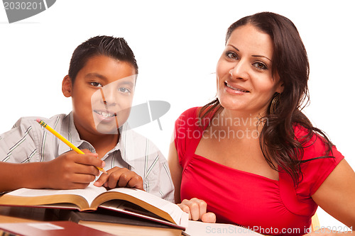 Image of Attractive Hispanic Mother and Son Studying