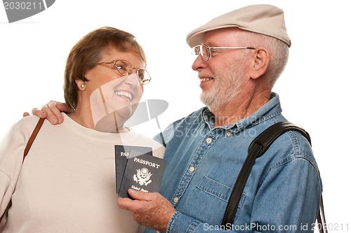 Image of Happy Senior Couple with Passports and Bags on White