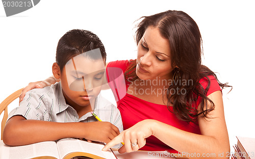Image of Attractive Hispanic Mother and Son Studying