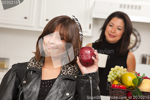 Image of Pretty Hispanic Girl Ready for School with Mom