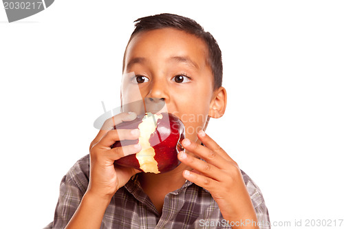 Image of Adorable Hispanic Boy Eating a Large Red Apple