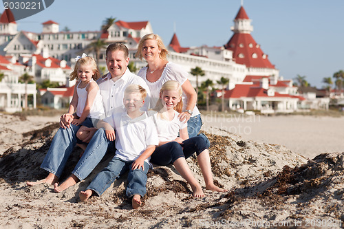 Image of Happy Caucasian Family in Front of Hotel Del Coronado