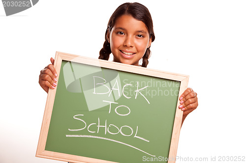 Image of Pretty Hispanic Girl Holding Chalkboard with Back To School