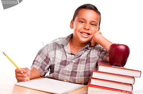 Image of Adorable Hispanic Boy with Books, Apple, Pencil and Paper