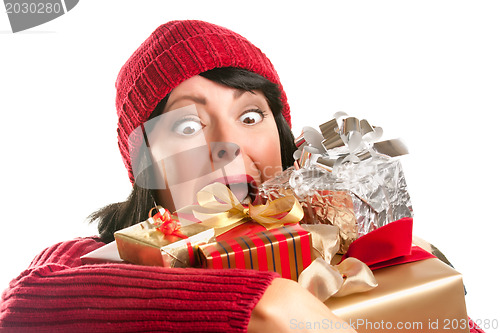 Image of Attractive Woman Fumbling with Her Holiday Gifts