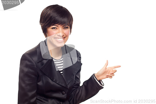 Image of Happy Young Mixed Race Woman Pointing to the Side