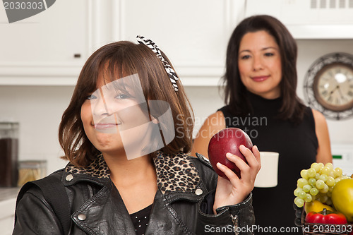 Image of Pretty Hispanic Girl Ready for School with Mom