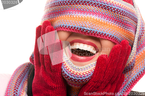 Image of Attractive Woman With Colorful Scarf Over Eyes