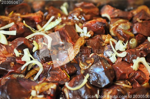 Image of marinated liver, kidneys, lungs meat shashlik