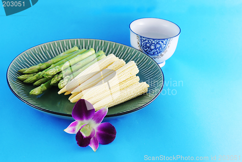 Image of Asparagus and corn on a plate