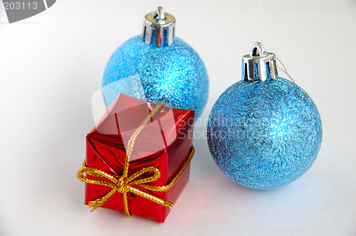 Image of Two christmas bulbs and gift