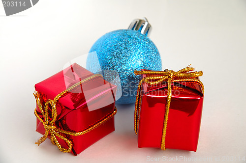 Image of Gift boxes and christmas bulb