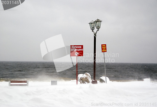 Image of No swimming. City seafront in winter. 