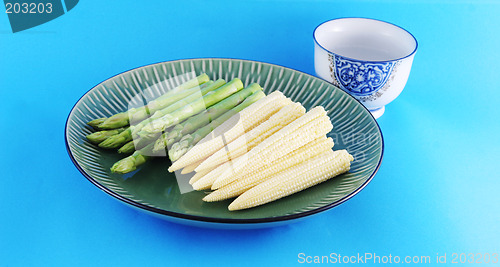 Image of Fresh asparagus shoots and corn on a plate