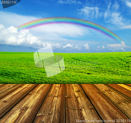 Image of blue sky and wood floor background