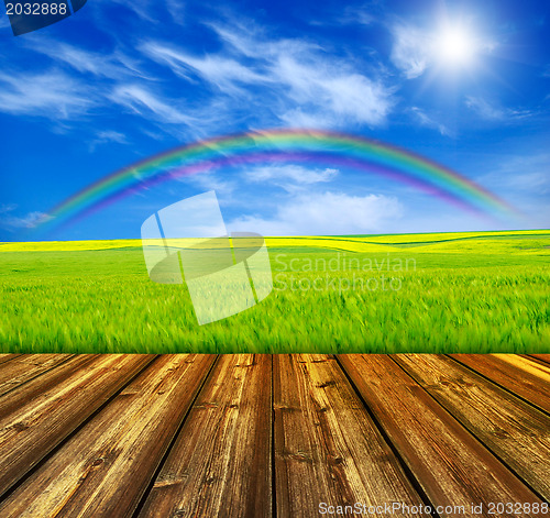 Image of blue sky and wood floor background